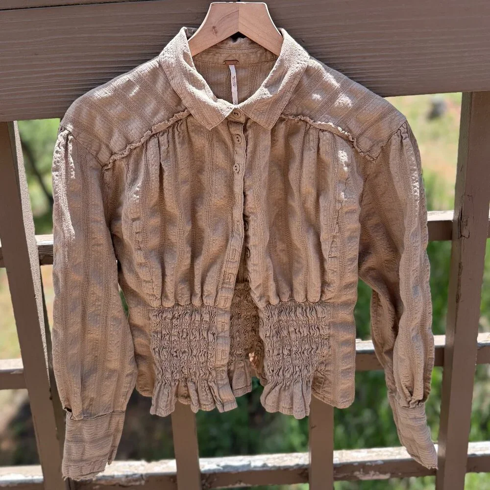 Free People Tammy Textured, Ruched Khaki Button Down